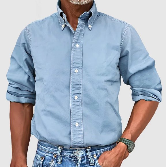 Relaxed fit men's vintage wash collared shirt. Comfortable long sleeve button down for casual style.