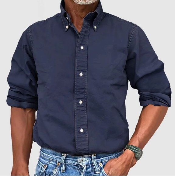 Embroidered men's vintage wash button down shirt. Long sleeve, relaxed fit, comfortable casual wear.