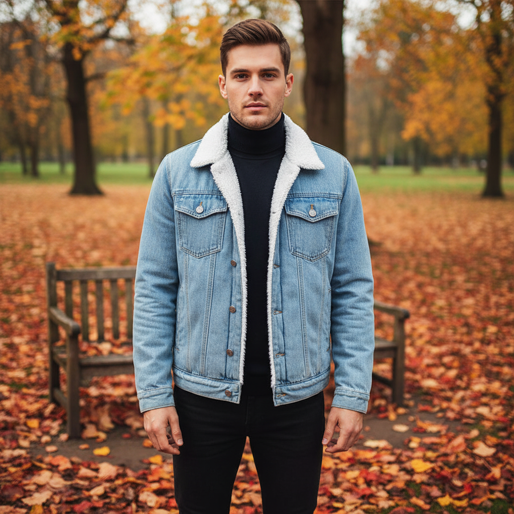 Men's warm denim jacket with fleece lining, button-front, for cold weather. Timeless casual outerwear.
