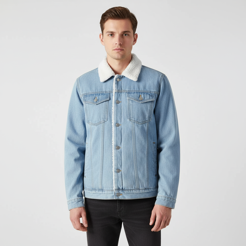 Durable men's winter denim jacket, button-up, with cozy fleece lining. Perfect warm casual outerwear.