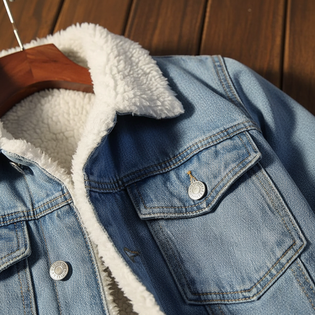 Stylish men's button-front denim jacket with soft fleece lining, ideal for winter cold weather fashion.