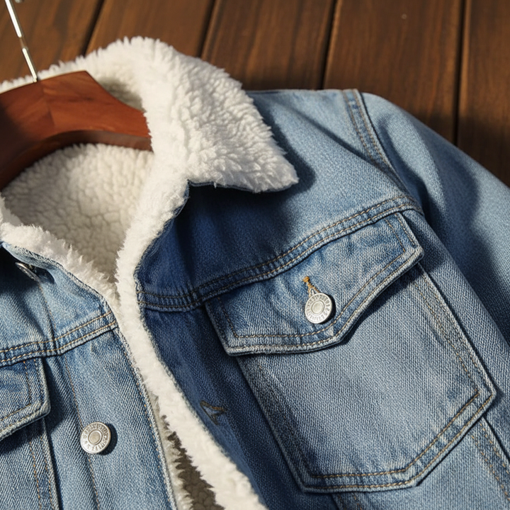Stylish men's button-front denim jacket with soft fleece lining, ideal for winter cold weather fashion.