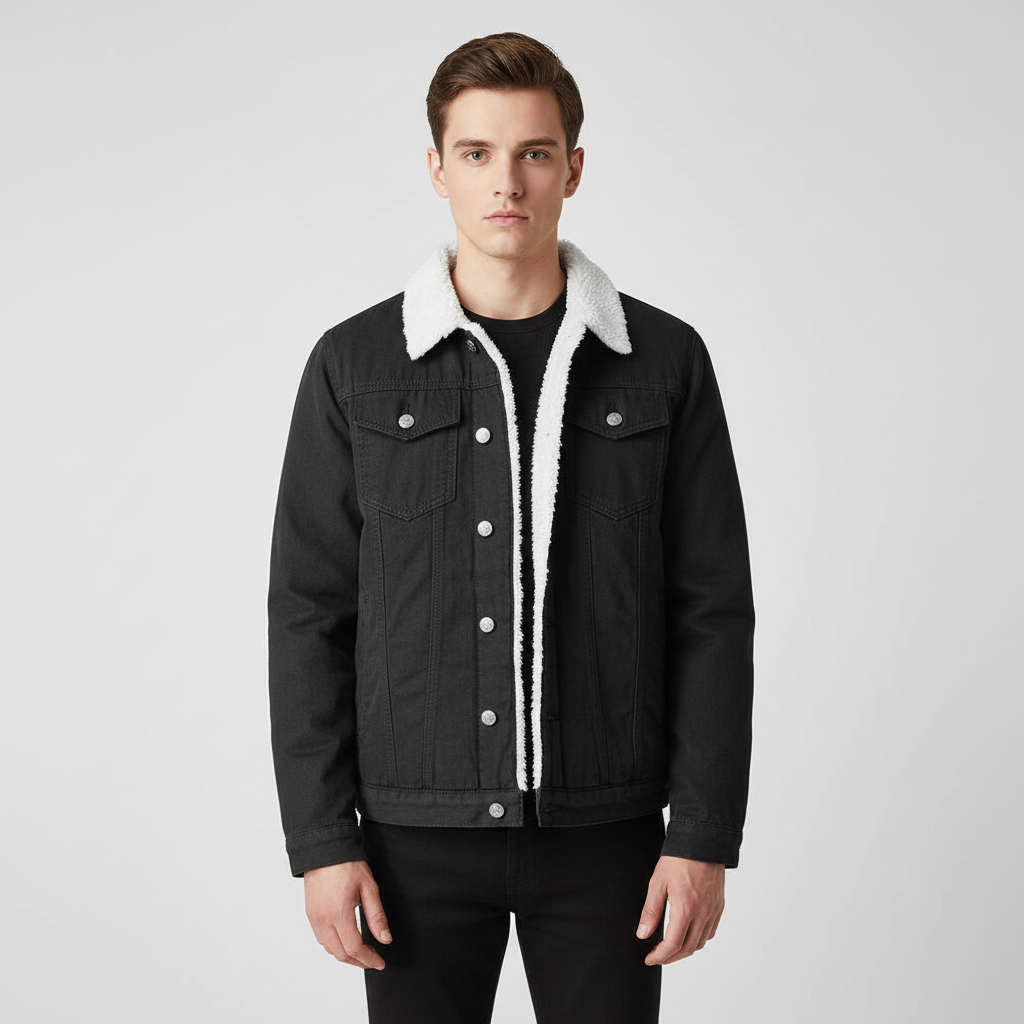 Timeless men's casual winter jacket, button-up denim with warm fleece lining. Durable cold weather outerwear.
