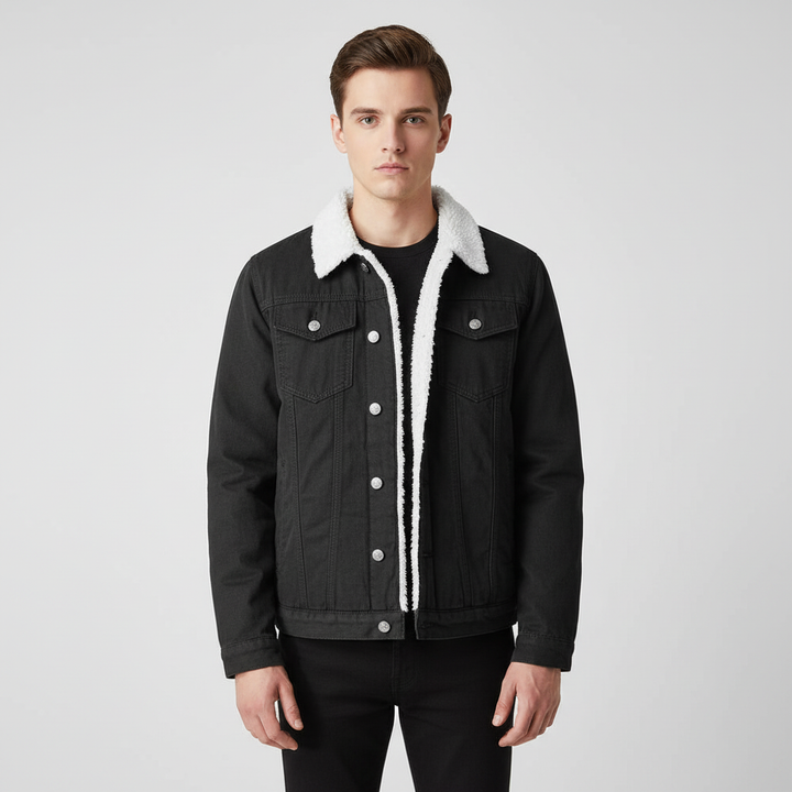 Timeless men's casual winter jacket, button-up denim with warm fleece lining. Durable cold weather outerwear.