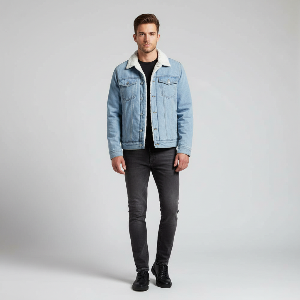 Warm men's denim jacket, fleece-lined, button-front design. Essential durable outerwear for winter.