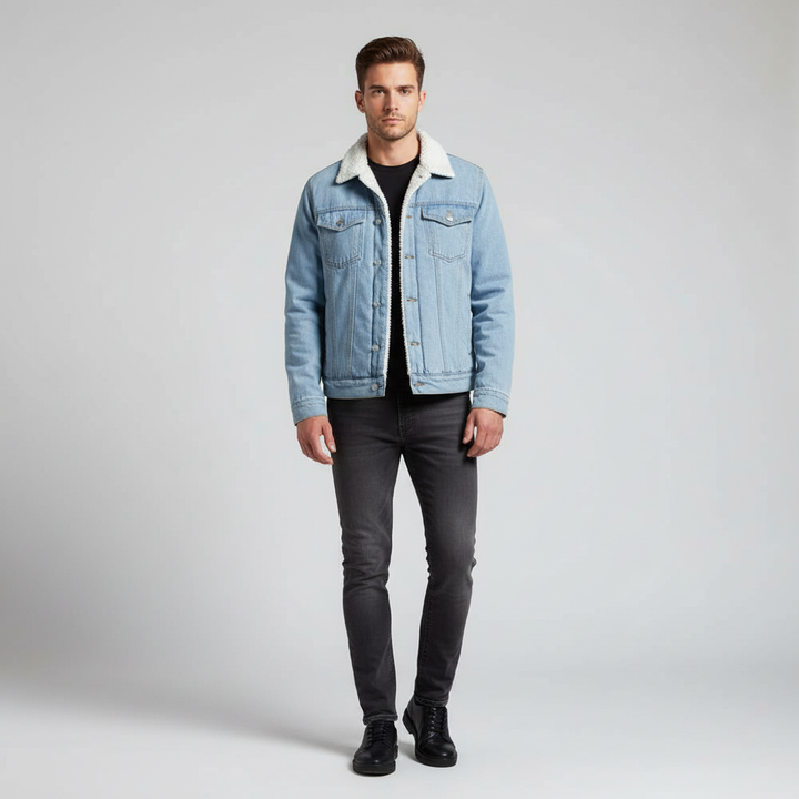 Warm men's denim jacket, fleece-lined, button-front design. Essential durable outerwear for winter.