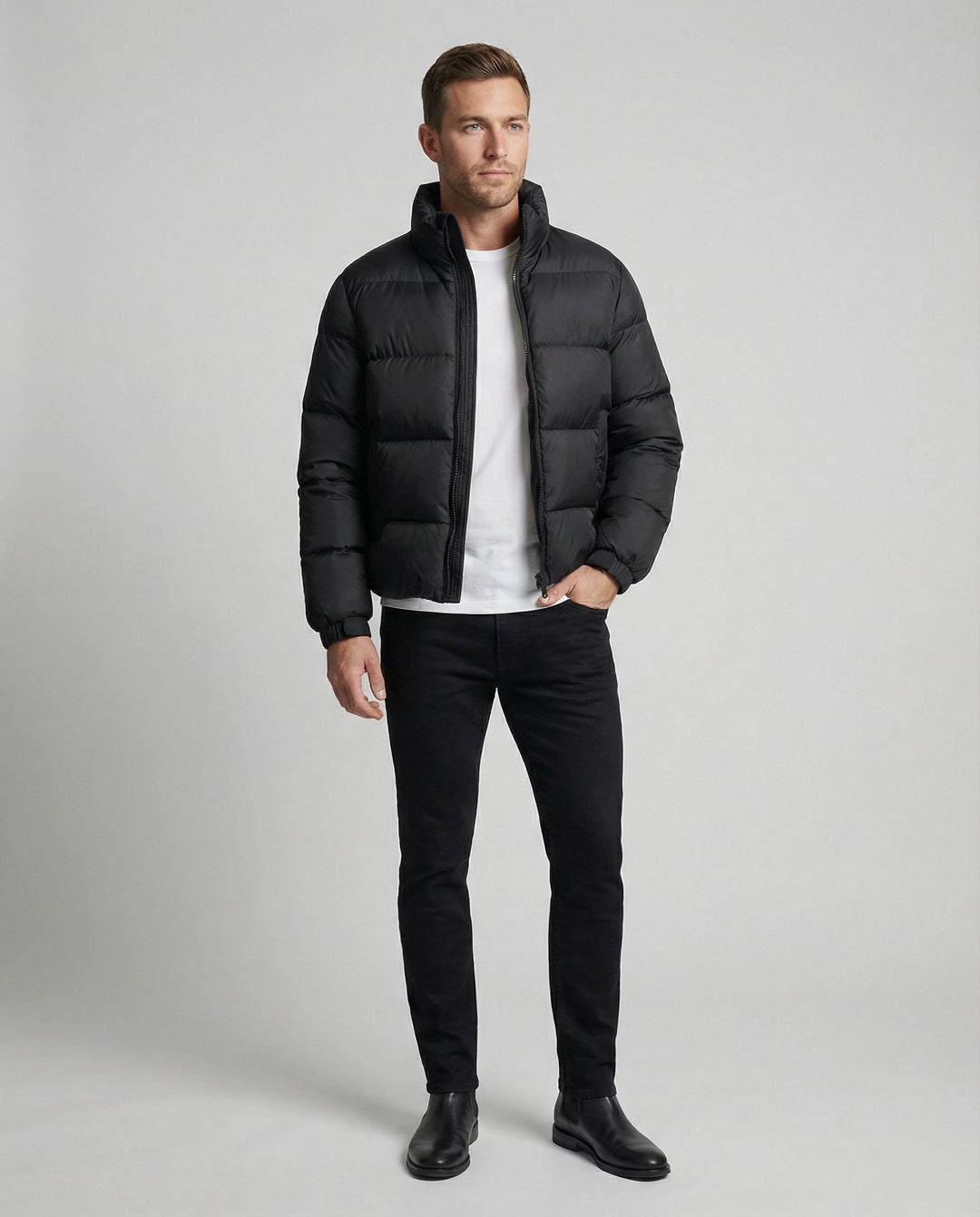 Stylish men's insulated puffer jacket, perfect winter coat featuring a cozy hood for warmth.