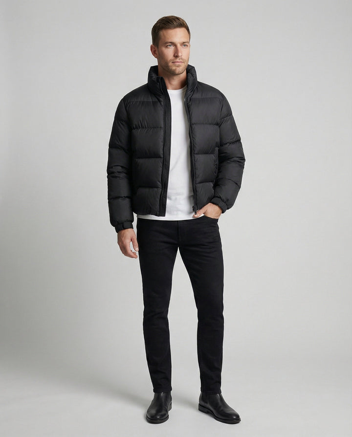 Stylish men's insulated puffer jacket, perfect winter coat featuring a cozy hood for warmth.