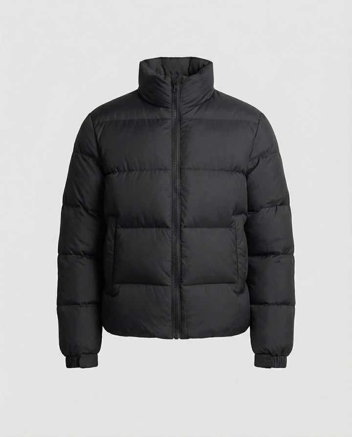 Men's hooded puffer jacket, designed for extreme cold, offering superior warmth and modern style.