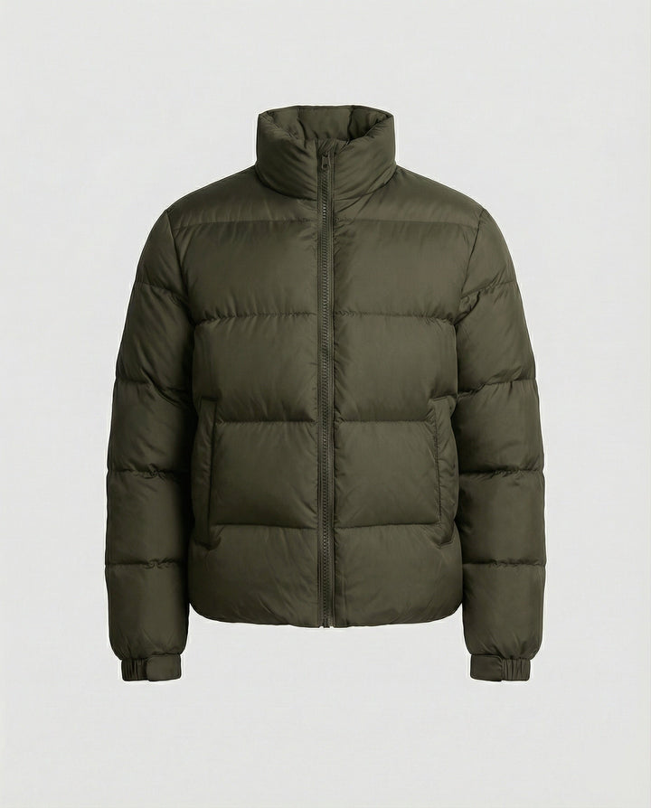 Durable men's winter puffer coat with adjustable hood, essential outerwear for snowy conditions.