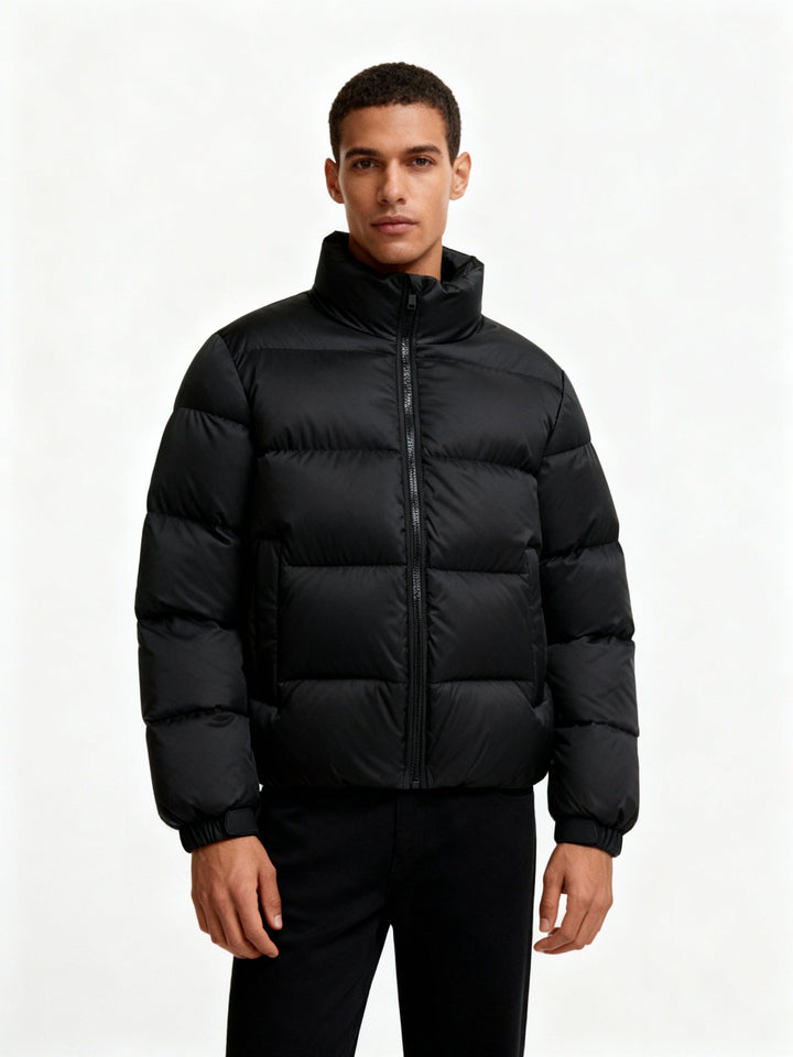 Trendy men's warm jacket with hood, lightweight yet highly insulated for everyday winter fashion.