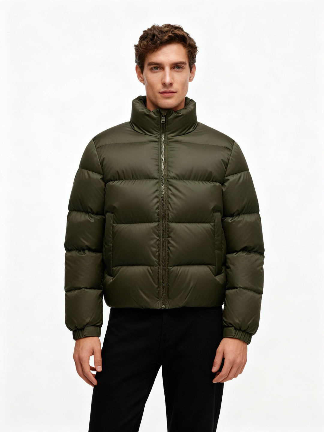 Comfortable men's puffer jacket with a snug hood, offering premium insulation for outdoor adventures.