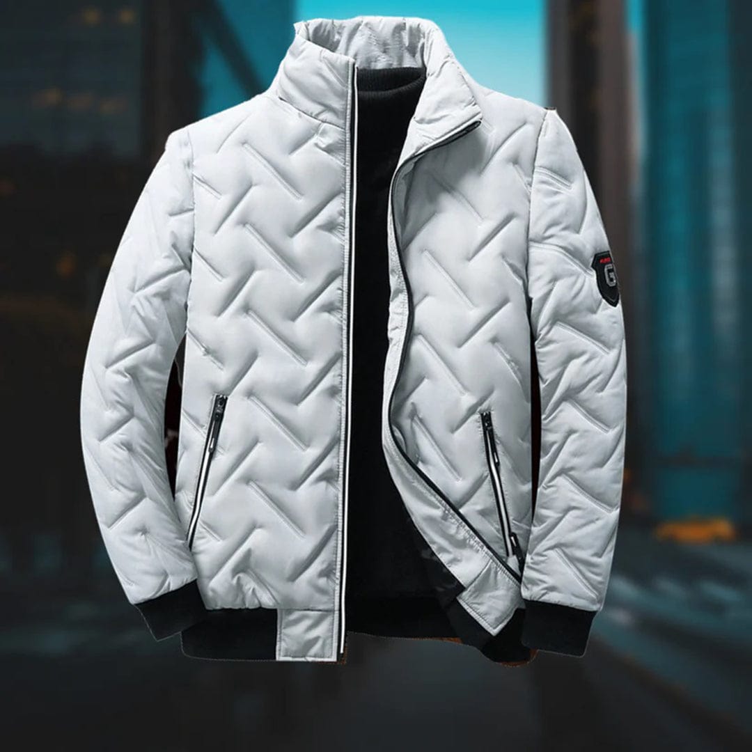 Stylish men's quilted bomber jacket, ideal for winter outerwear and cold weather. Fall fashion essential.