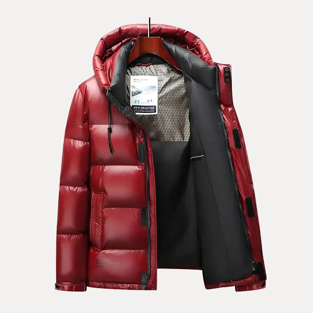 Men's warm quilted hooded puffer jacket for winter. Ideal for cold weather, outdoor gear & casual wear.