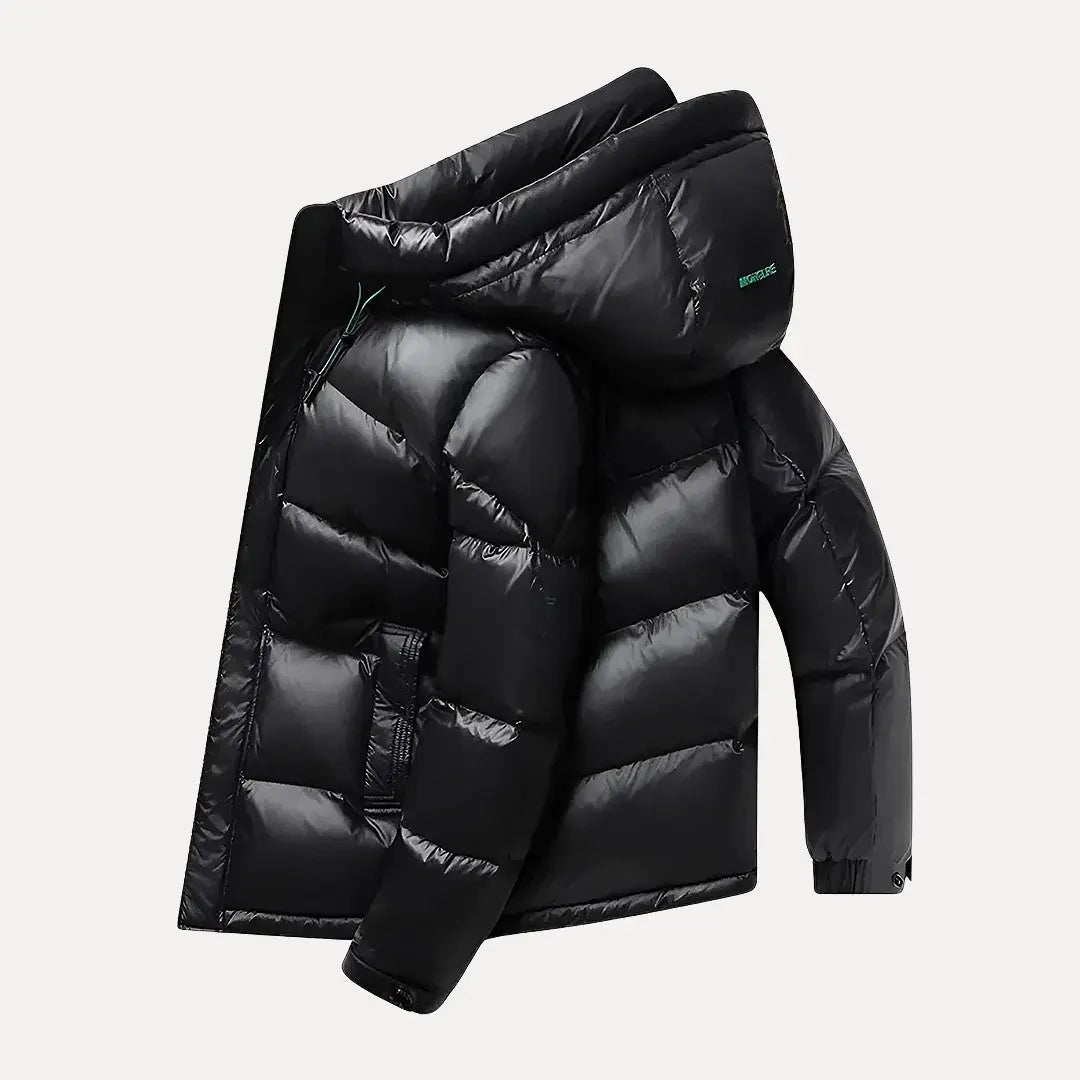 Warm men's winter jacket: a quilted hooded puffer for ultimate comfort and protection in cold weather.