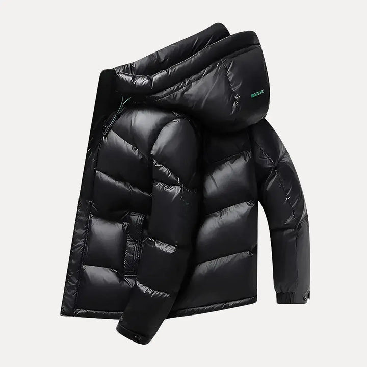 Warm men's winter jacket: a quilted hooded puffer for ultimate comfort and protection in cold weather.