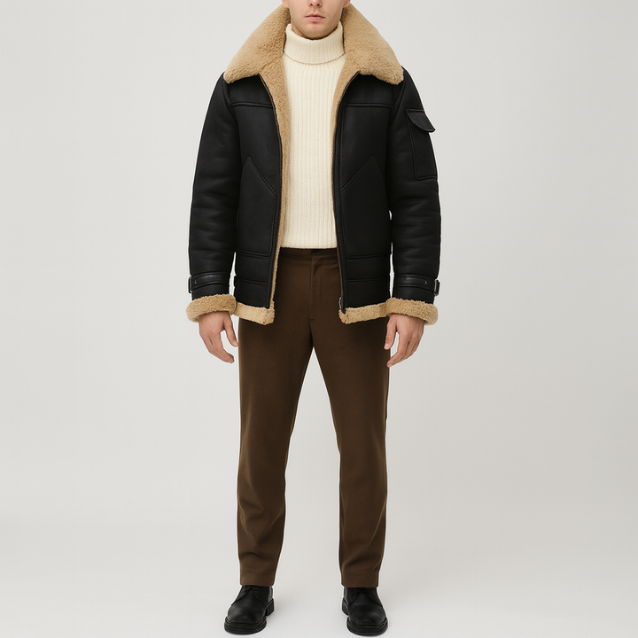 Cozy men's long-sleeve winter jacket with shearling style for ultimate warmth & casual wear.