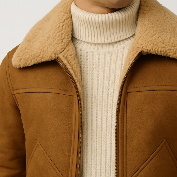 Men's warm shearling-style winter jacket for cold weather, a cozy & stylish casual outerwear choice.