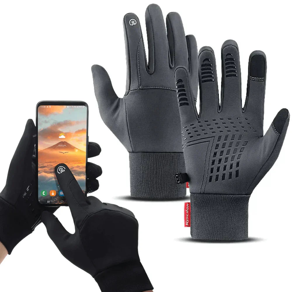 Black men's warm winter gloves with touchscreen fingertips, perfect for outdoor sports & active cold weather use.