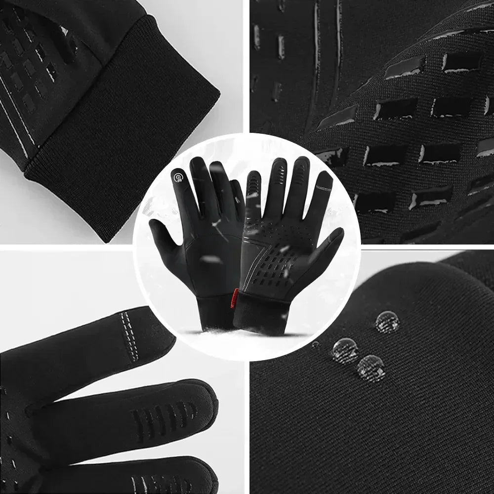 Men's black activewear winter gloves, touchscreen compatible & warm for skiing, cycling, and other cold weather sports.