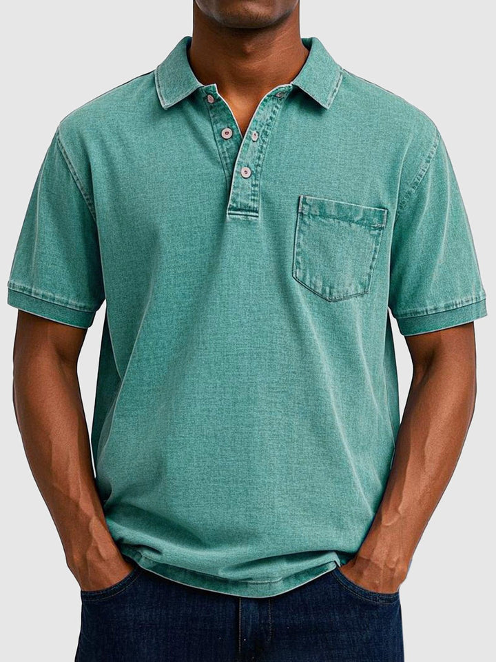 Washed men's short sleeve polo shirt, soft fabric, everyday comfort, casual top.