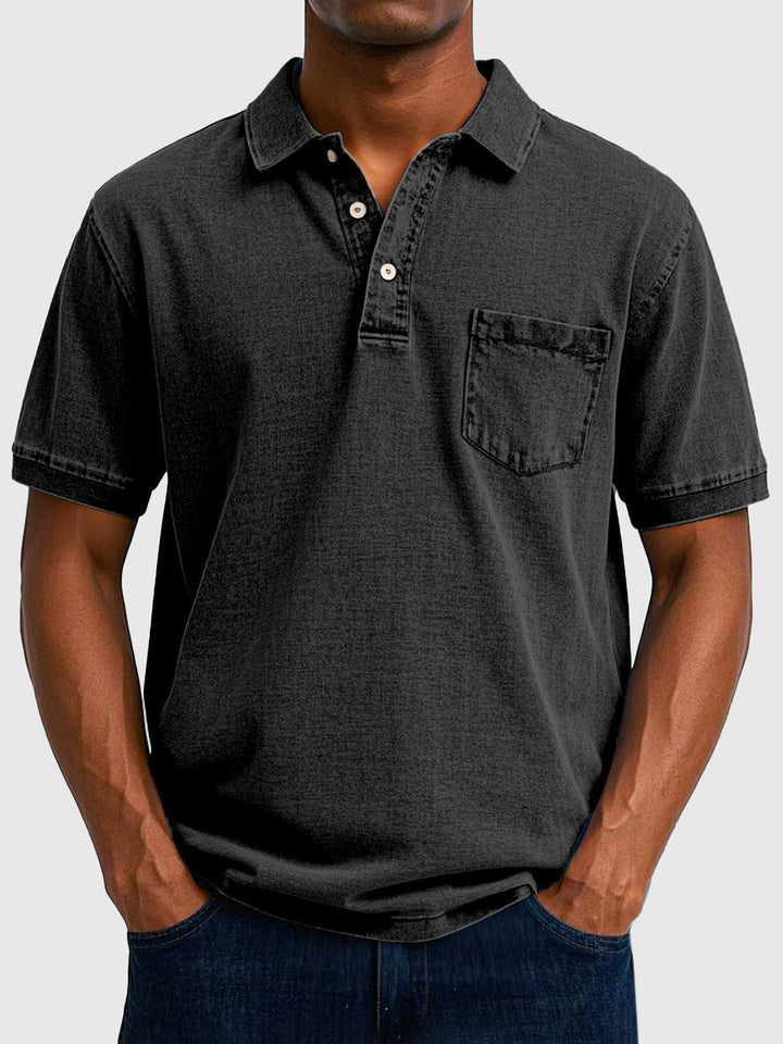 Relaxed fit men's washed polo shirt, comfortable short sleeve top for everyday casual wear.