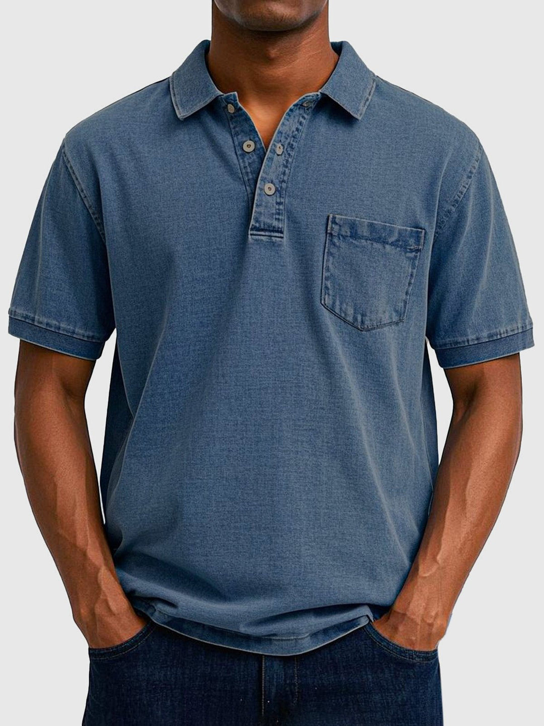 Men's casual washed polo top with button-up detail, comfortable everyday style.