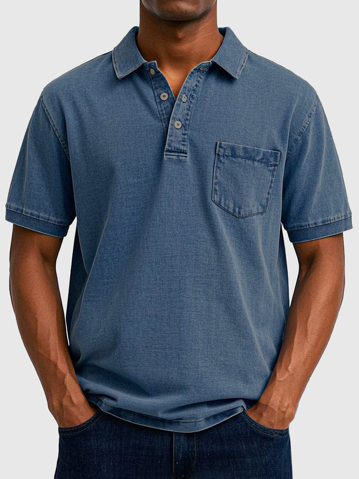 Men's casual washed polo top with button-up detail, comfortable everyday style.