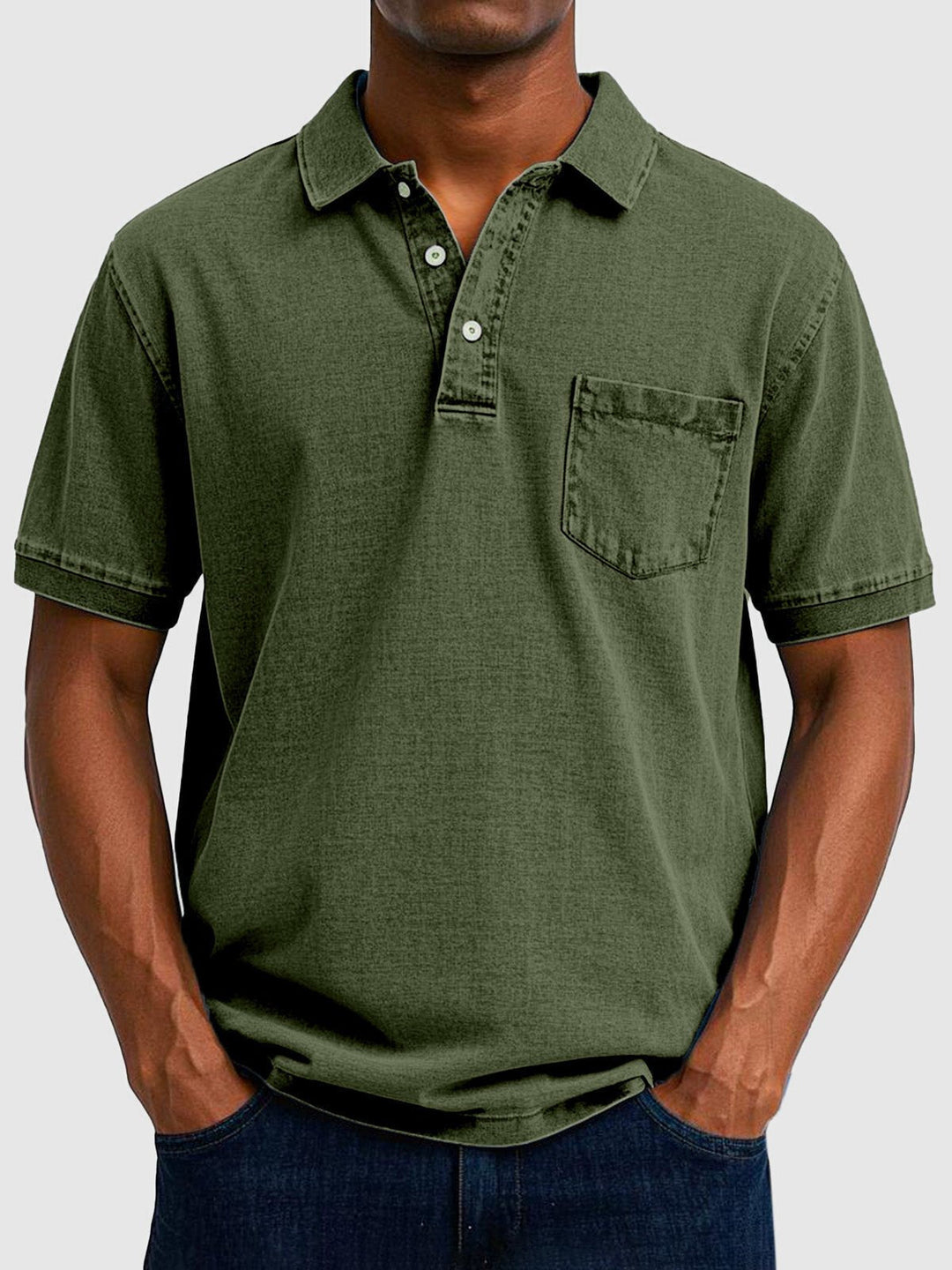 Stylish men's washed short sleeve polo shirt, button-up, perfect for casual spring & summer.