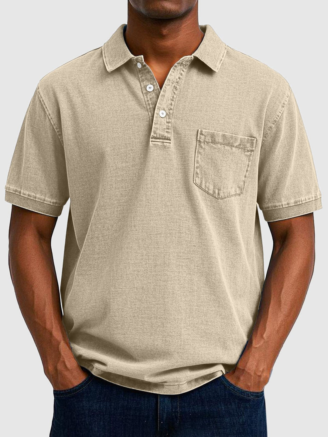 Everyday men's washed short sleeve polo top, button-up, offering comfort and casual style.