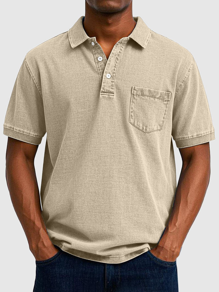 Everyday men's washed short sleeve polo top, button-up, offering comfort and casual style.