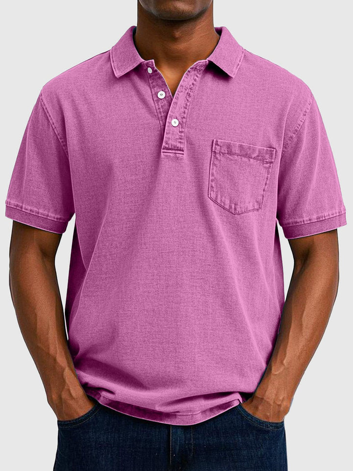 Men's casual short sleeve washed polo shirt, relaxed fit, versatile for everyday comfort.