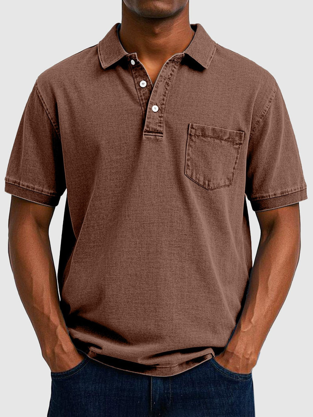 Men's fashion washed polo top, short sleeve, button-up, for versatile everyday casual style.