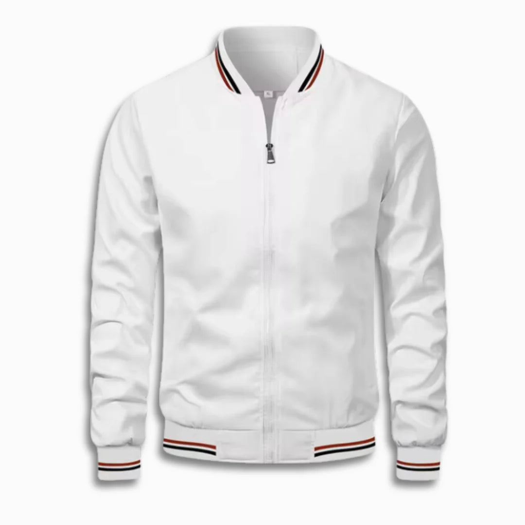 Close-up of men's water-repellent jacket fabric, featuring a neat stand-up collar for casual spring/fall fashion.