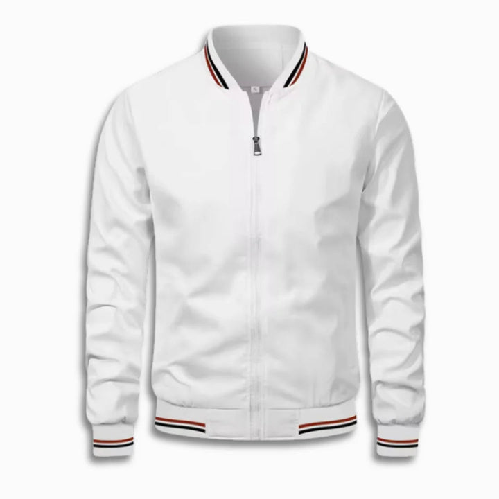Close-up of men's water-repellent jacket fabric, featuring a neat stand-up collar for casual spring/fall fashion.