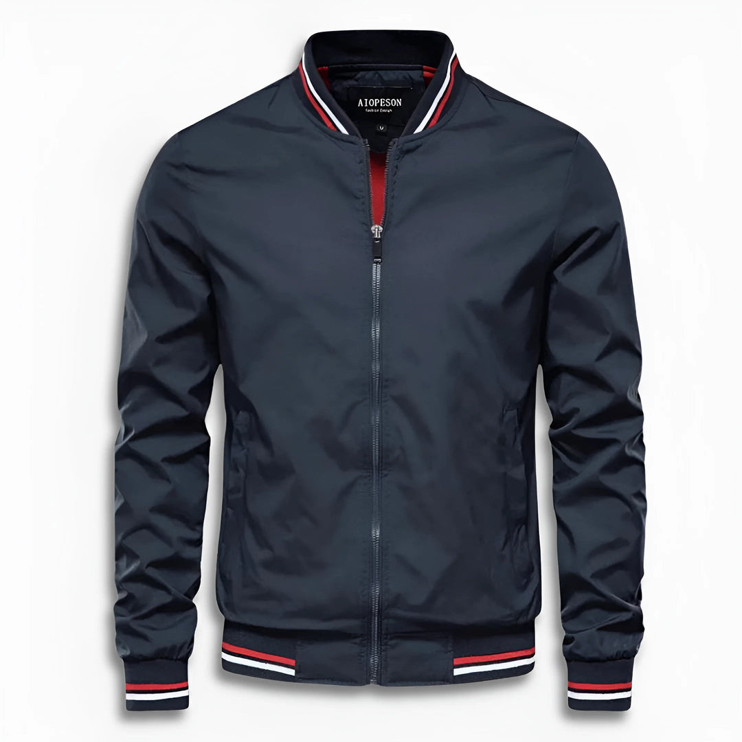 Dark blue men's casual jacket with stand-up collar, water-repellent, a versatile everyday outerwear piece for men.