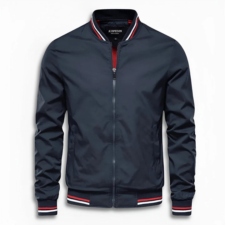 Dark blue men's casual jacket with stand-up collar, water-repellent, a versatile everyday outerwear piece for men.