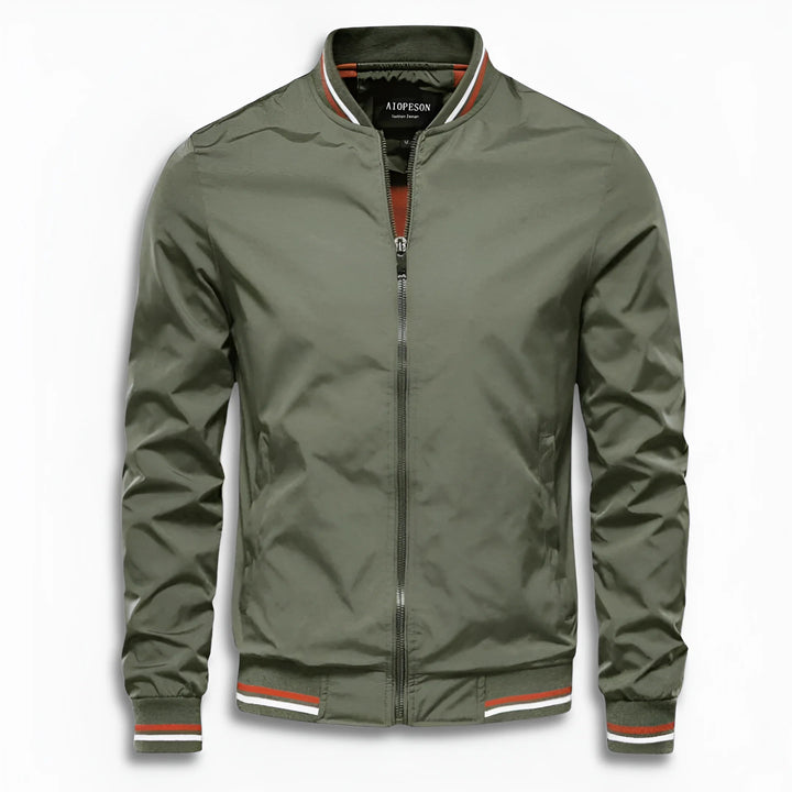 Back view of a men's versatile water-repellent casual jacket, showcasing its clean lines and practical stand-up collar.