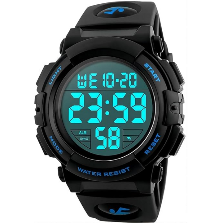 Men's waterproof digital sports watch with a rugged design, ideal for outdoor activities and activewear.