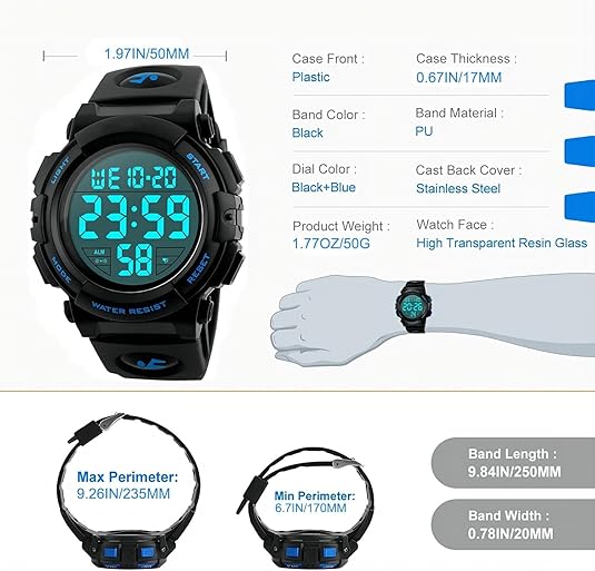 Rugged men's digital sports watch, waterproof and durable, perfect for military, outdoor, and active use.