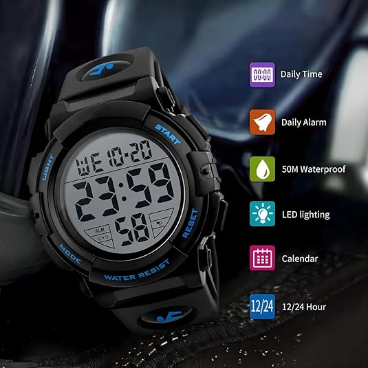 Waterproof men's digital sports watch, essential for active men, outdoor adventures, and athletic training.