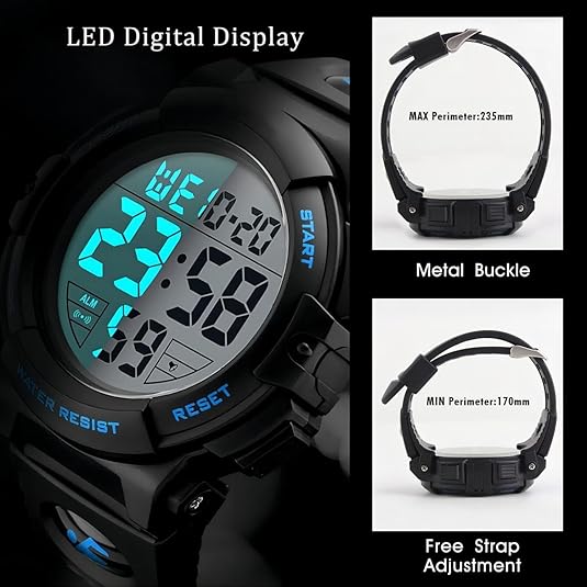 Stylish men's digital sports watch with a clear display, waterproof and rugged, a versatile outdoor accessory.