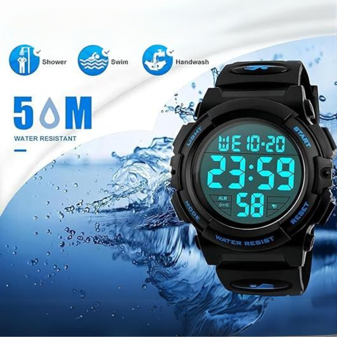 Men's waterproof digital watch, shock-resistant and easy-to-read, designed for sports, outdoor, and daily wear.