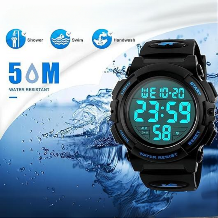 Men's waterproof digital watch, shock-resistant and easy-to-read, designed for sports, outdoor, and daily wear.