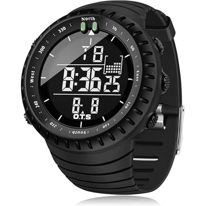Men's waterproof digital sports watch with LED display and durable design.
