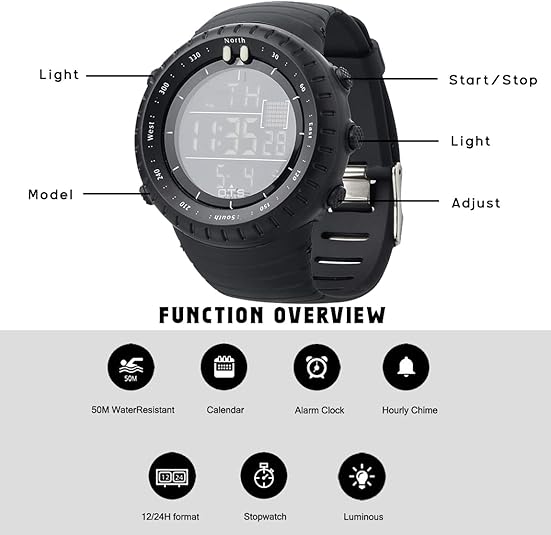 Men's digital sports watch featuring LED display, stopwatch, alarm, and waterproof design.