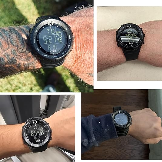 Stylish men's digital sports watch, black band, waterproof, an essential outdoor accessory.