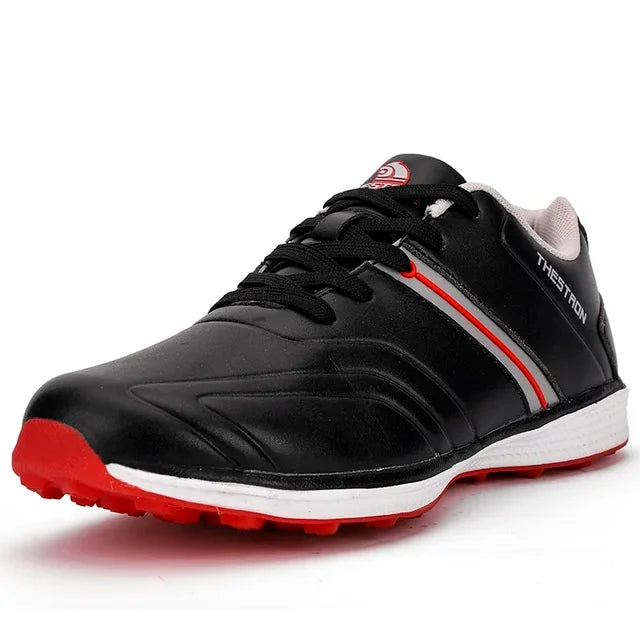 Men's waterproof golf shoes with fixed spike traction for all-weather performance & grip on the course.