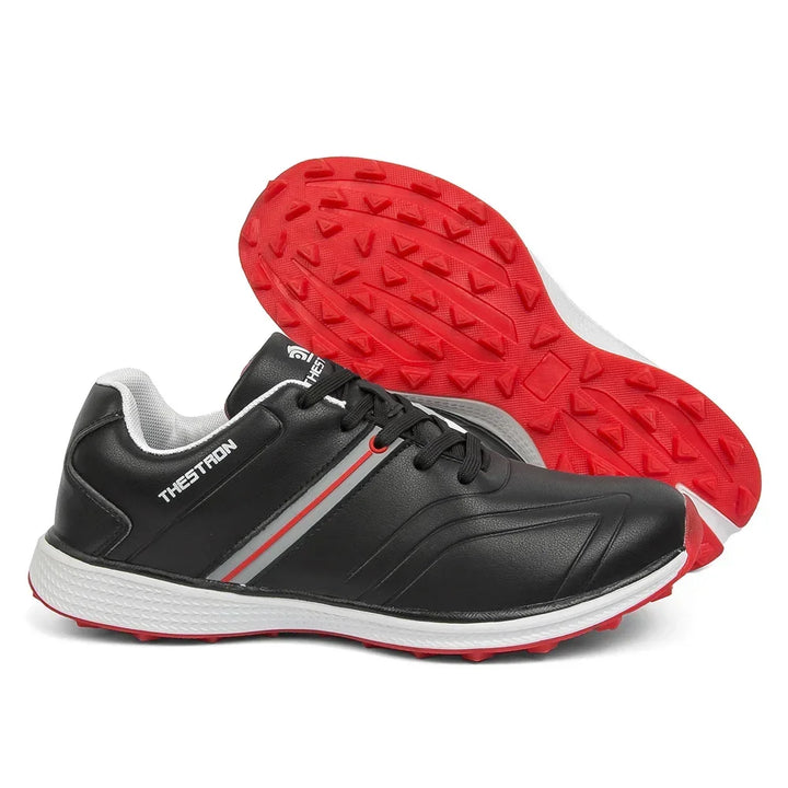 Performance men's waterproof golf shoes designed for all-weather comfort. Fixed spikes provide superior course traction.