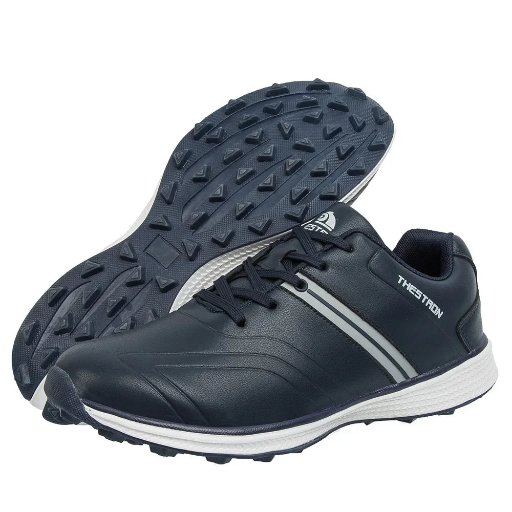 Premium men's waterproof golf footwear with fixed spikes, offering exceptional grip for challenging course conditions.